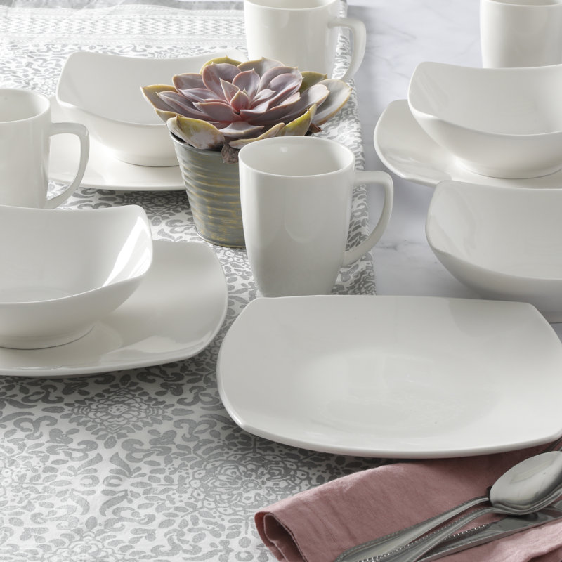 Gibson 102539.16RM Porcelain Zen Buffet 16 Piece Square Dinnerware Set White